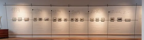 wall in a museum with a timeline with photos in the center of the line and explanatory text at the bottom.,a museum exhibit,display case,gallery,exhibit,chrysanthemum exhibition,display panel,matrusch