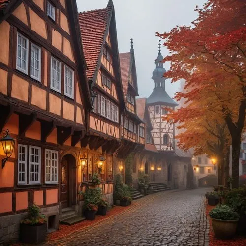 German architecture, medieval town hall, intricate stone carvings, Gothic windows, red-tiled roof, ornate wooden doors, Bavarian style, half-timbered houses, cobblestone streets, lanterns, autumn leav