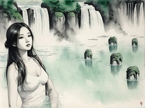 kuchel,xiaofei,waterfall,waterfalls,water lotus,water fall,tomie,lotus art drawing,jiaying,cheonjiyeon falls,gioc village waterfall,xuebing,chthonic,yufeng,ninfa,xiaoying,liangying,watercolor background,yuexiu,xueying,Illustration,Paper based,Paper Based 30