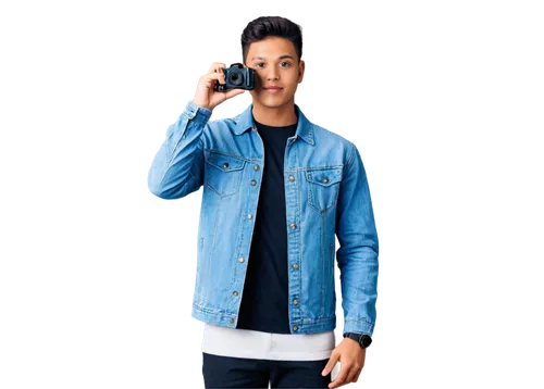 Shutter stock, photographer, male, (25yo), short hair, casual clothes, denim jacket, black camera, holding camera, standing, urban background, afternoon sunlight, shallow depth of field, vibrant color