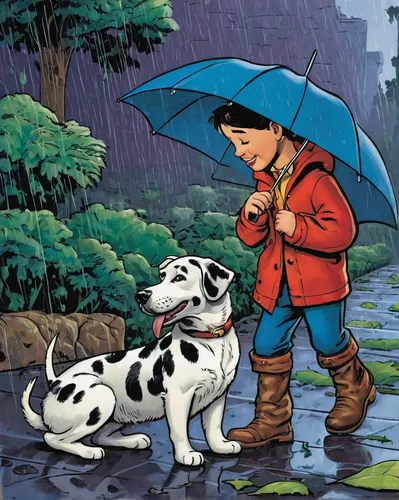 boy and dog,rain cats and dogs,walking in the rain,raincoat,raindops,rain boot,rain pants,rubber boots,companion dog,rainy day,man with umbrella,protection from rain,dalmatian,rain protection,human and animal,rain suit,my dog and i,dog illustration,in the rain,wetterhoun,Illustration,American Style,American Style 05