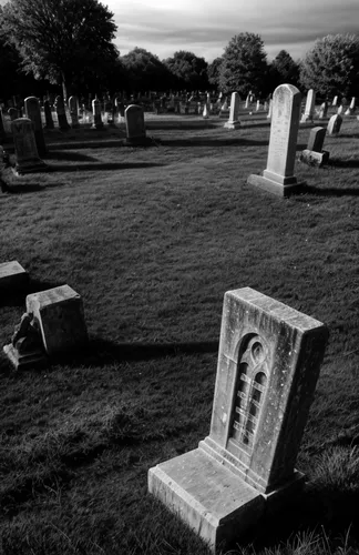 A creepy, spooky ancient cemetery at twilight, a ghostly figure is seen amongst the weathered tombstones. Infra-red style.,grave stones,gravestones,burial ground,tombstones,graveyard,old graveyard,tom