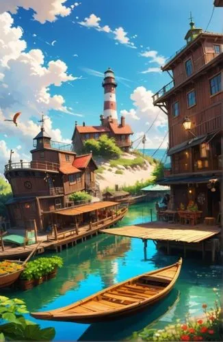 停靠在旁的小船，旁邊是水上市集,a painting of an old european town with a river,popeye village,floating islands,cartoon video game background,fantasy world,nakama,yamatai