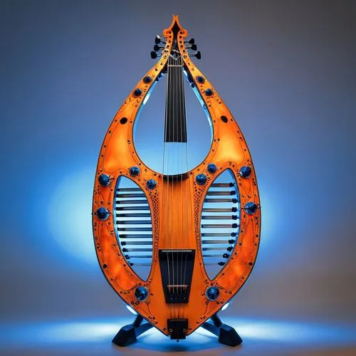 With led lights and computerized components, A never before seen, Alien-looking, odd-shaped original musical stringed instrument that resembles a Lyre with Electronic components and illuminated contro