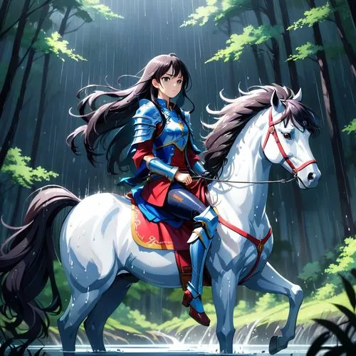 the beautiful female hero in shinning armor sit on the strong horse , the hero's long dark hair are spreading , behind hers is the forest of darkness that have no light , stuck in the rain,Female Knig