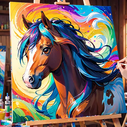 colorful horse,painted horse,unicorn art,portrait animal horse,equine,dream horse,rainbow unicorn,carnival horse,unicorn,unicorn background,horse,glass painting,painting technique,unicorn and rainbow,fire horse,art painting,meticulous painting,laughing horse,belgian horse,a horse,Anime,Anime,Realistic