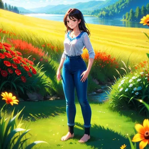 A young woman sits cross-legged in a grassy field, her eyes locked on a colorful flower. The sun shines brightly overhead, casting a warm glow on her face. The woman's smile is large and expressive, a