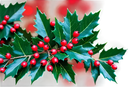 Holly leaves, dark green, glossy, serrated edges, bright red berries, clusters, shiny, festive, Christmas theme, detailed veins, soft focus, warm lighting, 3/4 composition, macro shot, bokeh backgroun