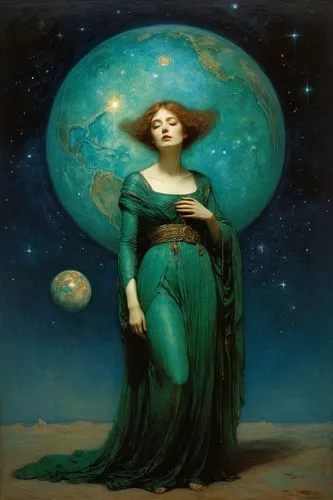 venus,andromeda,heliosphere,celestial bodies,cosmos field,celestial body,cosmos,la nascita di venere,astronomer,virgo,mother earth,anahata,green mermaid scale,uranus,lady of the night,cosmos wind,art deco woman,fantasy portrait,herfstanemoon,mystical portrait of a girl,Art,Classical Oil Painting,Classical Oil Painting 44