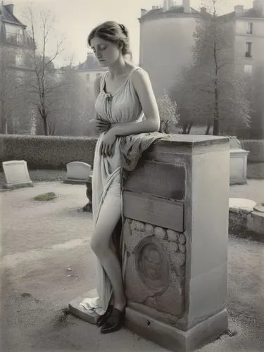 Grieving woman,a woman sitting on a monument posing for the camera,lachaise,coade,bacchante,yakimova,bardot,woman playing,Photography,Black and white photography,Black and White Photography 15