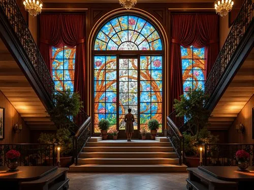 stained glass windows,stained glass,stained glass window,staircase,atriums,entrance hall,leaded glass window,art nouveau frames,grandeur,art nouveau frame,art deco,cochere,gleneagles hotel,conservatory,hotel lobby,stained glass pattern,lobby,foyer,glass window,ornate room