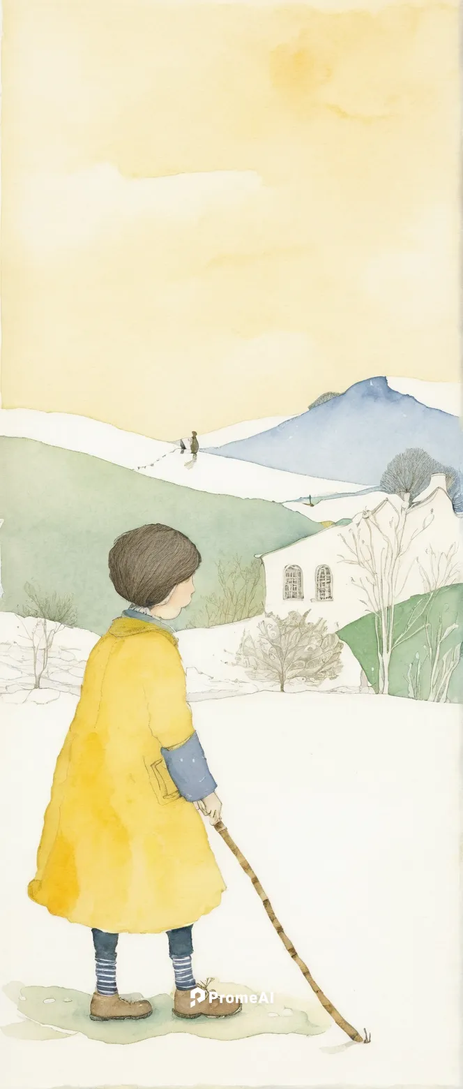 Write a heartwarming story about a julkula bringing joy to a lonely child.,shirakami-sanchi,alphorn,snow scene,snow fields,yellow sun hat,snow shovel,woman walking,kate greenaway,little girl in wind,w