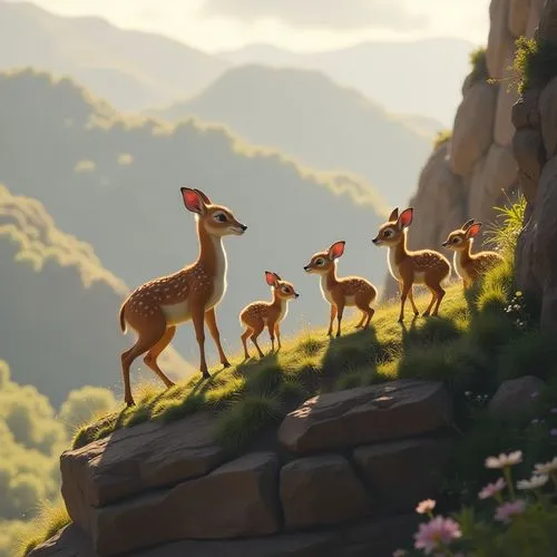 klipspringer with babies flocking on cliffs,two deer, three smaller deer and one young deer on a grassy hill,disneynature,european deer,storks,bambi,serengeti,x axis deer elk