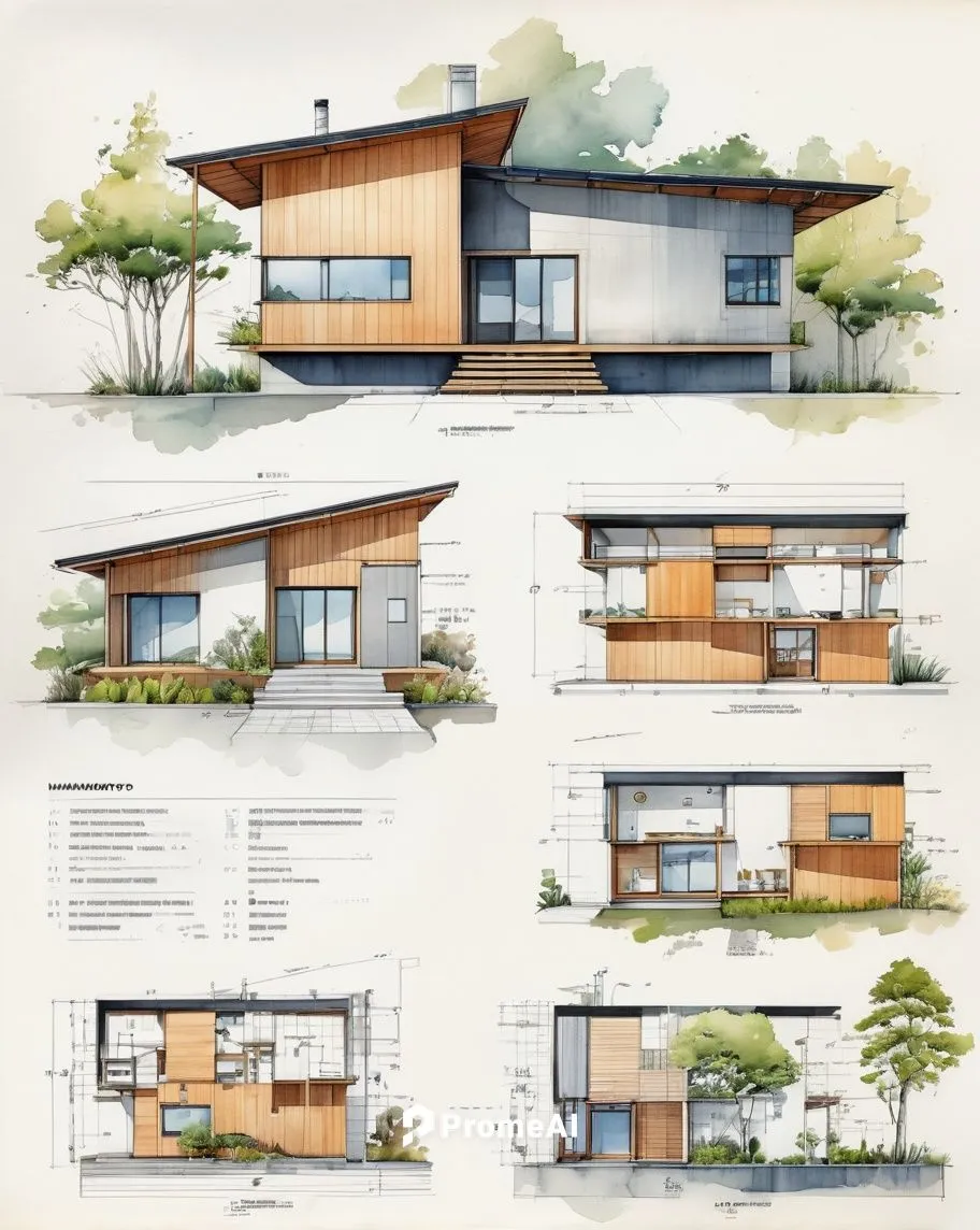 Watercolor (architecture modern small house exterior plan:1.2) for a building minimalism community (Riken Yamamoto:1.3), straight lines, square forms, penetrating lighting, dynamic spatial sequences, 