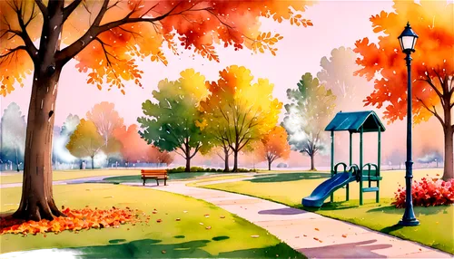 autumn park,autumn in the park,autumn landscape,autumn scenery,watercolor background,autumn day,autumn background,one autumn afternoon,fall landscape,autumn walk,autumn morning,park bench,autumn idyll,watercolor painting,watercolor,the autumn,autumn,walk in a park,autumn trees,late autumn,Illustration,Paper based,Paper Based 25