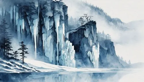 ice landscape,ice castle,icewind,winter background,watercolor background,icefalls,winter landscape,snow landscape,thingol,meltwater,glacial lake,water glace,ice cave,icesheets,glacier water,icefall,landscape background,snowy landscape,watercolor blue,winter lake,Illustration,Vector,Vector 21