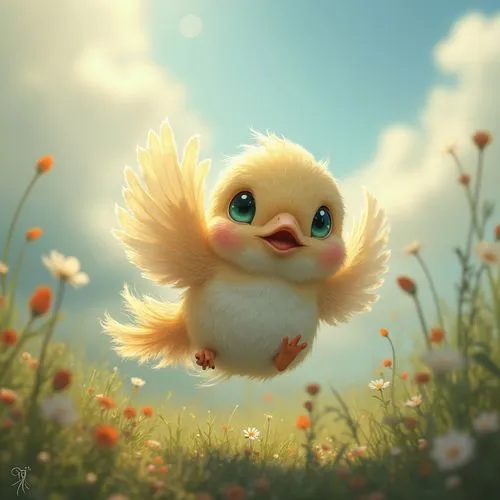 springmann,baby chick,flying dandelions,knuffig,flutters,featherlike