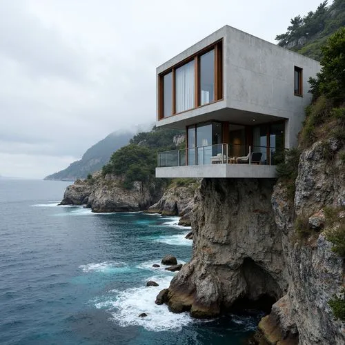 Rugged coastal cliffs, crashing ocean waves, salty sea air, modernist Bauhaus architecture, rectangular prismatic forms, clean lines, minimal ornamentation, functional simplicity, industrial materials