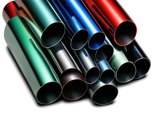 Youthful tubes, metal material, cylindrical shape, various colors, shiny surface, reflective lights, detailed texture, industrial background, low-angle shot, dramatic lighting, 3/4 composition, shallo