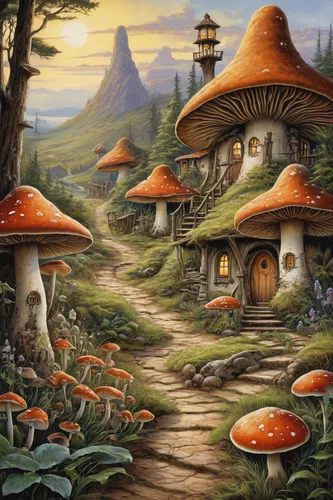 mushroom landscape,mushroom island,fairy village,toadstools,umbrella mushrooms,mushrooms,brown mushrooms,scandia gnomes,forest mushrooms,club mushroom,fairy house,fantasy landscape,mushrooms brown mushrooms,lingzhi mushroom,mushrooming,roof domes,forest mushroom,agaricaceae,fairy forest,fairy world,Illustration,Retro,Retro 06