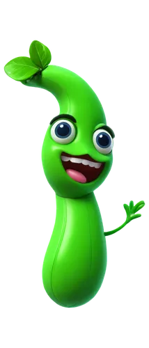 Cartoon cashew, bright green skin, big eyes, smiling face, rounded body, white teeth, glossy surface, stem on top, vibrant colors, 3D illustration, soft shading, playful composition, front view, low a