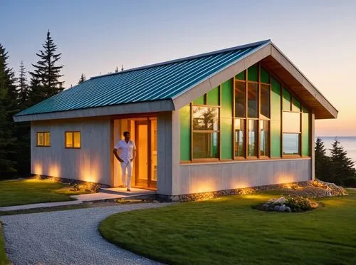 Small Seaside cabin by a forest. Green metal roof. Cement board siding.,the man is standing in front of a small house,passivhaus,summer cottage,summer house,electrohome,timber house,deckhouse,Photogra