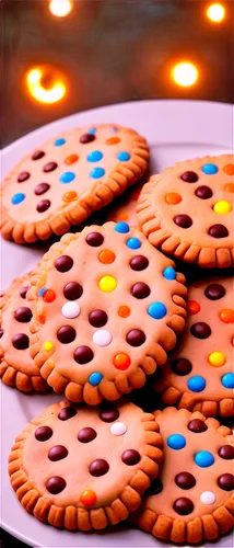 Fresh baked cookies, golden brown, soft focus, warm lighting, white plate, decorative edges, crumbly texture, chocolate chips, sprinkle decorations, macro shot, shallow depth of field, natural colors,