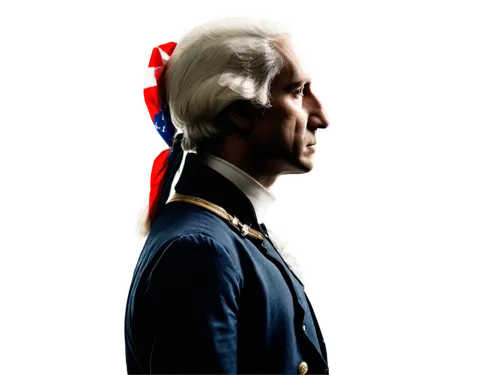 George Washington, presidential silhouette, profile view, serious facial expression, powdered wig, colonial-era clothing, dark suit, white shirt, tricorn hat, American flag in background, patriotic th