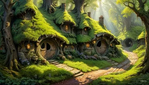 house in the forest,fairy village,fairy house,fairy forest,tree house,witch's house,elven forest,treehouse,druid grove,hobbiton,mushroom landscape,fairytale forest,fantasy landscape,enchanted forest,fairy world,dandelion hall,forest glade,tree house hotel,studio ghibli,home landscape