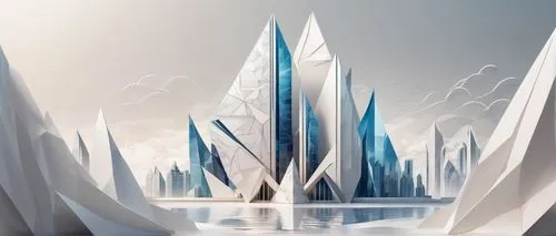 Origami-inspired architecture, futuristic skyscraper, intricate paper-like folds, geometric patterns, white marble material, reflective glass surfaces, angular lines, dramatic lighting, urban cityscap