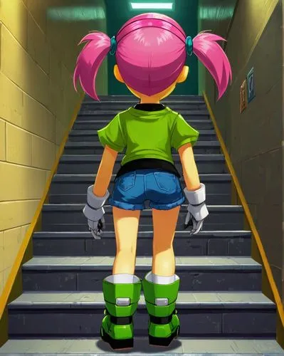 a girl walks up some stairs in front of a set of steps,aelita,amiyumi,lavagirl,nel,shigehiro,umr,Unique,Pixel,Pixel 05