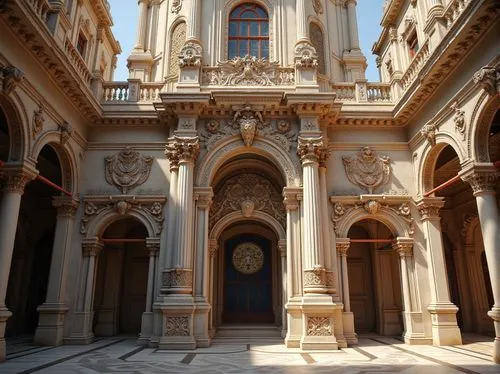 Ornate Renaissance palace, intricately carved stone facades, grandiose arched windows, stained glass details, ornamental pediments, balconies with forged iron railings, symmetrical compositions, class