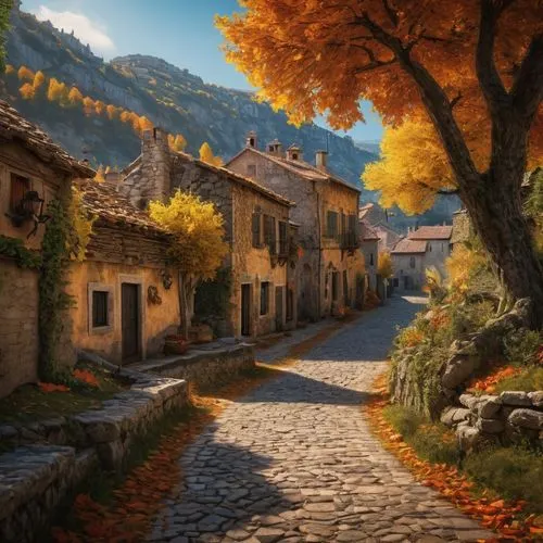 autumn background,autumn landscape,autuori,medieval street,golden autumn,autumn scenery,fall landscape,alpine village,autumn mountains,mountain village,autumn idyll,autumn morning,autumn colors,autumn day,tuscan,colors of autumn,autumn theme,toussaint,the autumn,zagori,Photography,General,Fantasy