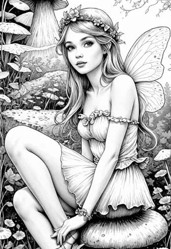 a black and white po of a fairy sitting on top of a mushroom,fairie,faerie,faery,little girl fairy,fairy,garden fairy,diwata,fairy queen,thumbelina,peignoir,flower fairy,rosa ' the fairy,vintage fairi