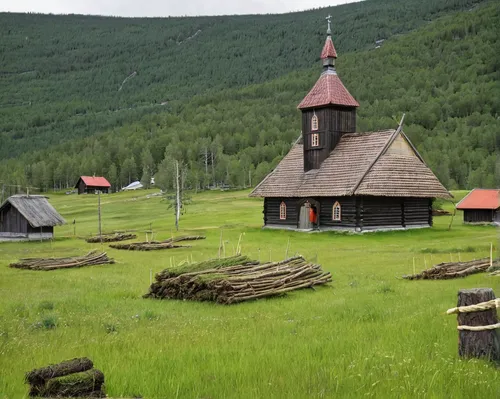 wooden church,stave church,putna monastery,the russian border mountains,traditional village,alexander nevski church,carpathian bells,altai,alpine pastures,little church,khakassia,slowinski national park,the black church,wooden houses,black church,mountain village,carpathians,kkakdugi,russian folk style,vatra,Art,Classical Oil Painting,Classical Oil Painting 35