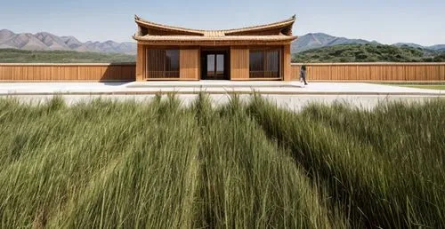 bamboo roof with rammed earth walls,chinese architecture,grass roof,bamboo curtain,straw hut,corten steel,asian architecture,timber house,feng shui golf course,dunes house,junshan yinzhen,bamboo frame