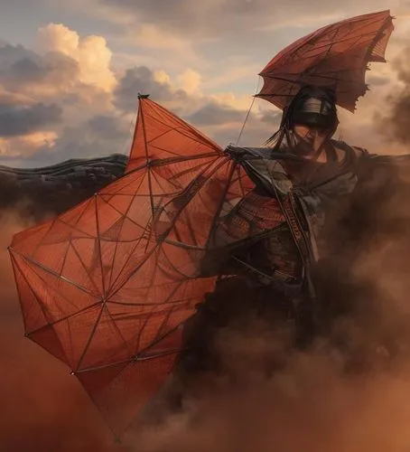 fire kite,steampunk,parasol,digital compositing,man with umbrella,aerial view umbrella,overhead umbrella,mammatus,summer umbrella,parasols,umbrella,brolly,watermelon umbrella,paper umbrella,powered hang glider,flying machine,cg artwork,world digital painting,wind finder,sci fiction illustration,Game Scene Design,Game Scene Design,Japanese Martial Arts