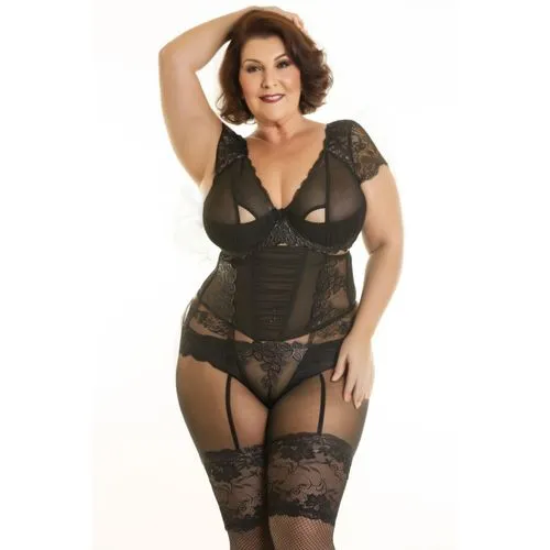 65yo BBW  granny, short hair, wearing   lace bodysuit and pantyhose, happy,a woman in a black lingersuit, showing off her amazing curves,shapewear,gossard,corseted,corsetry,alcione,caballe