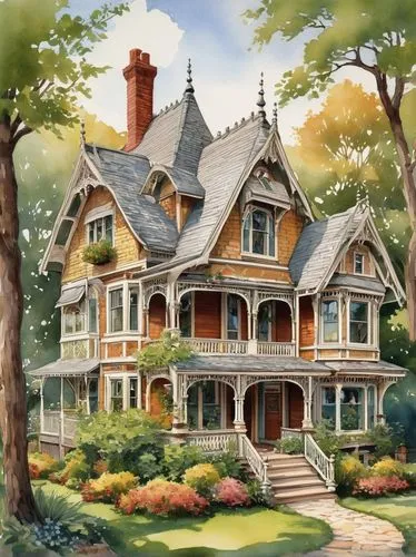 victorian house,old victorian,houses clipart,victorian,house in the forest,dreamhouse,country house,beautiful home,victorian style,country cottage,summer cottage,house painting,witch's house,forest house,home landscape,wooden house,two story house,cottage,little house,fairy tale castle,Illustration,Paper based,Paper Based 10