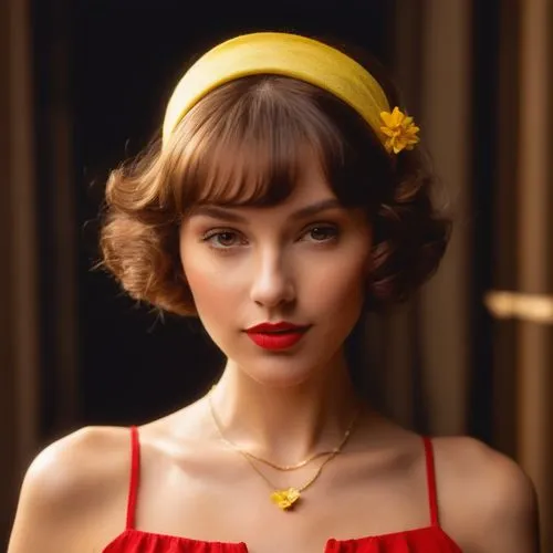 red lips, brown hair, yellow headband flower, red top,necklace,a woman in red is wearing a yellow headband,flapper,vintage girl,vintage woman,retro woman,yasumasa,phryne,Photography,General,Natural