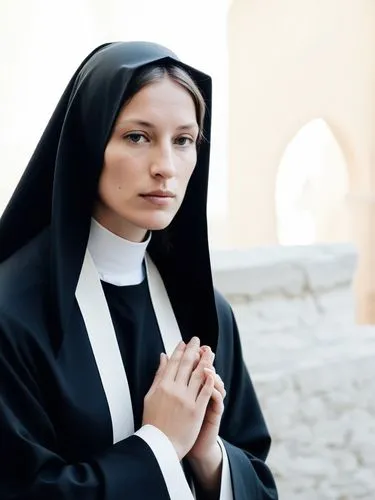 Hildegard at the day of her ordination as a nun in the idyllic monastery of Bingen, prepares for the next step on her spiritual path with a thoughtful expression on her face.,a woman with dark hair we