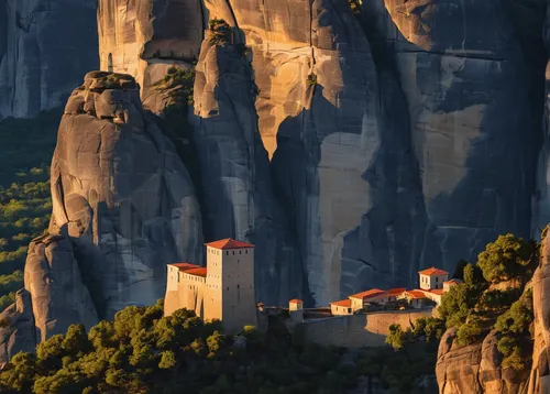 The last sunlight of the day on 3 monasteries and the huge walls of Meteora,meteora,moustiers-sainte-marie,south france,eastern pyrenees,trifels,cabrales,mountain settlement,yellow mountains,elbe sand