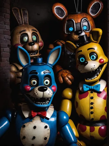 animatronic figures, Five Nights at Freddy's 2, Toy Freddy, Toy Bonnie, Toy Chica, Mangle, Puppet, Withered Animatronics, vintage pizzeria setting, children's drawings on walls, dim lighting, security