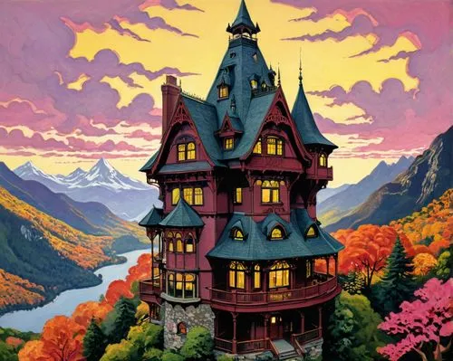 fairy tale castle,fairytale castle,witch's house,escher village,hildebrandt,knight's castle,Illustration,American Style,American Style 03