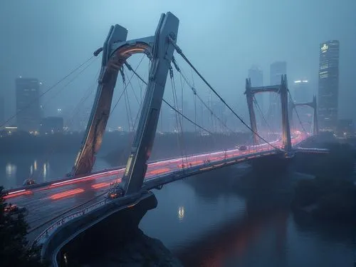 Sleek high-tech bridge, futuristic design, steel arches, suspension cables, cantilevered sections, asymmetrical shapes, angular lines, metallic surfaces, reflective coatings, LED lighting strips, neon