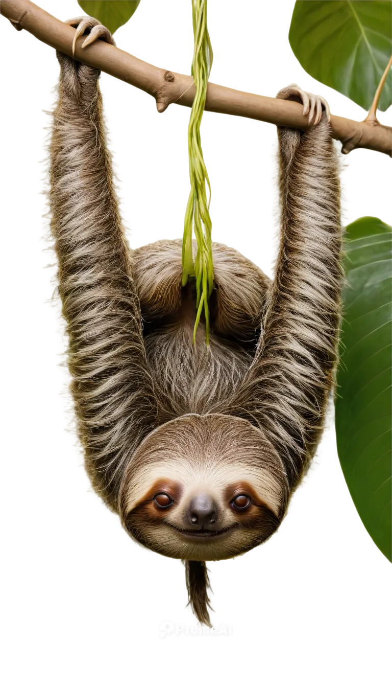 Sloth, hanging upside down, relaxed posture, soft fur, claws visible, cute facial expression, big eyes, slow blink, tropical rainforest habitat, leaves and vines entwined, warm sunlight filtering thro