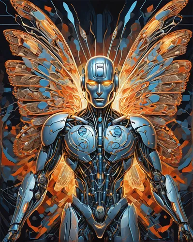 Illustration of a cyborg created out of a fusion of Crinoid, lightningwave, butterfly wings, cubism, energy, motion capture,biomechanical,archangel,cybernetics,the archangel,cyborg,humanoid,sci fictio