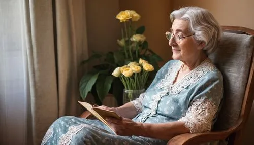 Elderly woman, senior living, interior design, cozy atmosphere, warm beige walls, wooden furniture, soft cushions, gentle wrinkles, reading glasses, silver hair, comfortable slippers, floral patterned