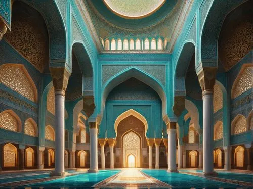 Timurid architecture, grandiose mosque, intricately decorated domes, minarets, Islamic patterns, vibrant turquoise, golden accents, intricate archways, ornate doors, marble floors, majestic pillars, s