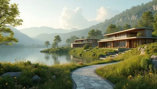 house with lake,house by the water,house in the mountains,house in mountains,amanresorts,home landscape,lefay,3d rendering,snohetta,lake view,summer cottage,the cabin in the mountains,chalet,render,zumthor,beautiful home,cryengine,dreamhouse,forest lake,floating huts,Photography,General,Realistic